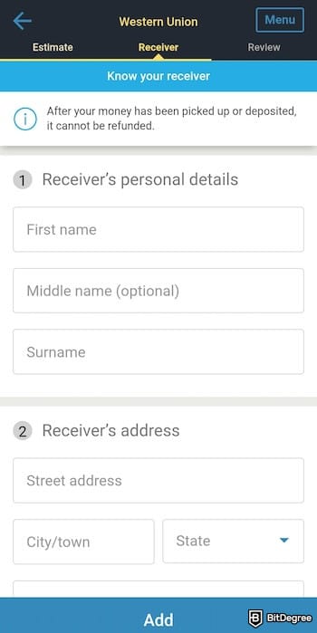 Western Union review: entering receiver's details on the Western Union app.