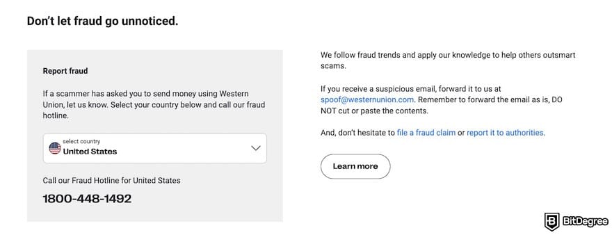 Western Union review: report fraud form on the Western Union website.