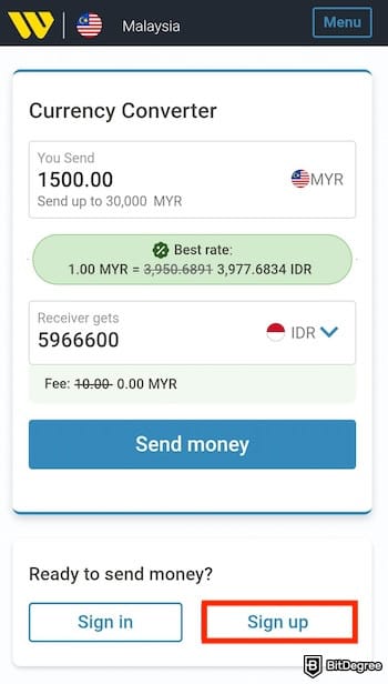 Western Union review: the [Sign up] button in the Western Union app.