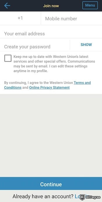 Western Union review: the sign-up form on the Western Union app.