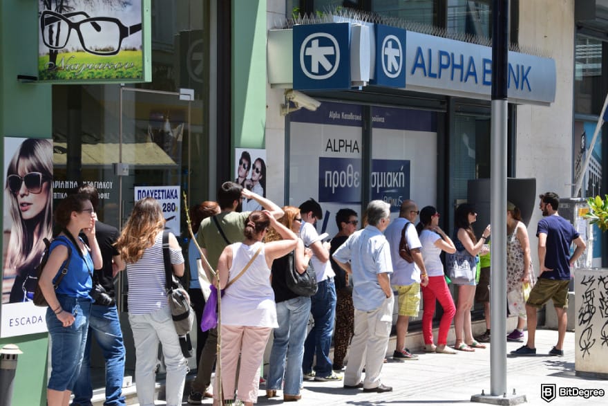 What are Figure Crypto-Backed Loans: line of people in front of a bank.