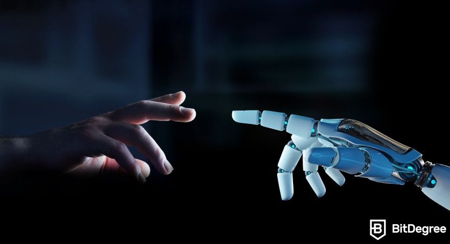 What is AI art: a human touching hands with a robot.