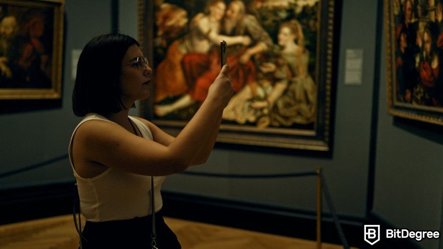 What is AI art: a woman taking a photo at an art gallery.