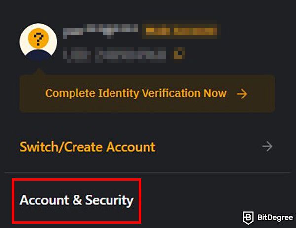 What is Bybit: the account settings menu with the Account & Security option highlighted.