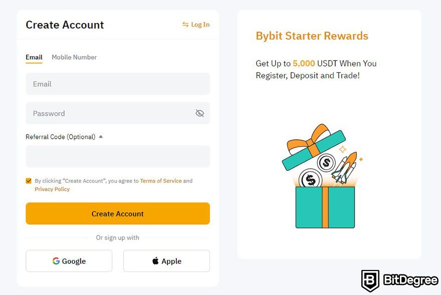 What is Bybit: the Create Account form on Bybit's website.