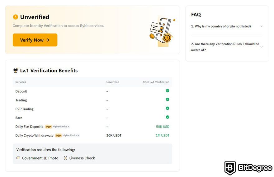 What is Bybit: the verification page for level 1 along with its benefits.