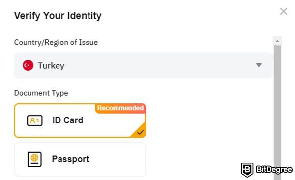 What is Bybit: the account verification window with Turkey selected as the issuing country and ID Card as the preferred document type.