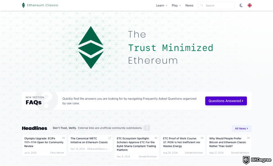 What is double-spending in blockchain: a screenshot of the Ethereum Classic website.