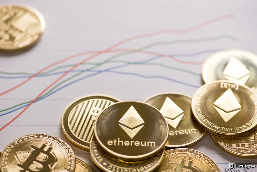 What is double-spending in blockchain: a pile of Ethereum coins scattered around.