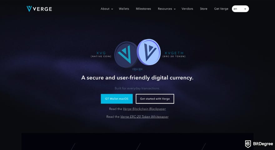 What is double-spending in blockchain: a screenshot of the Verge crypto website.