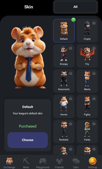 What is Hamster Kombat: a screenshot of Hamster Kombat's available skins.