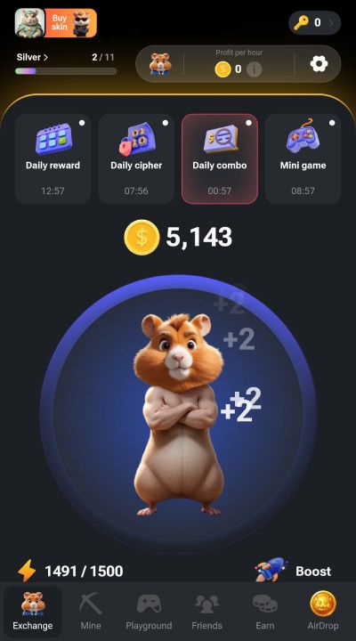 What is Hamster Kombat: a screenshot of Hamster Kombat Telegram app main page.