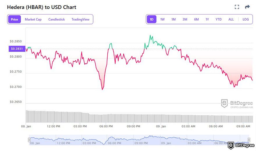 What is Hedera: HBAR to USD price chart on BitDegree's crypto tracker.