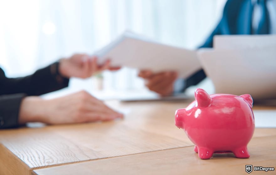 What is HEX crypto: a piggy bank on a table next to two people making a deal.