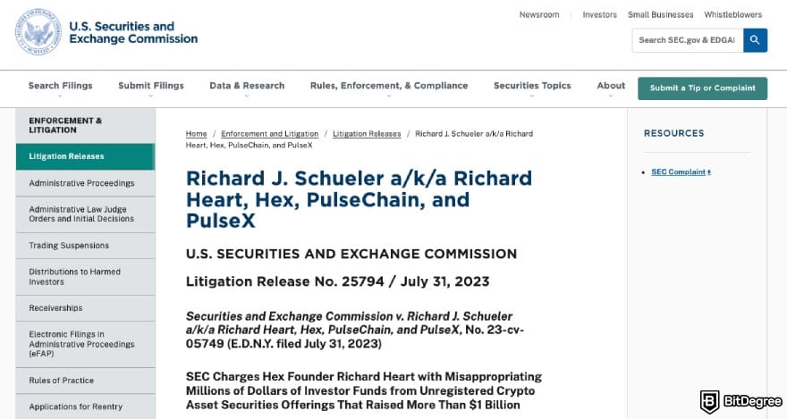 What is HEX crypto: the SEC litigation release on Richard Heart, HEX, PulseChain, and PulseX.