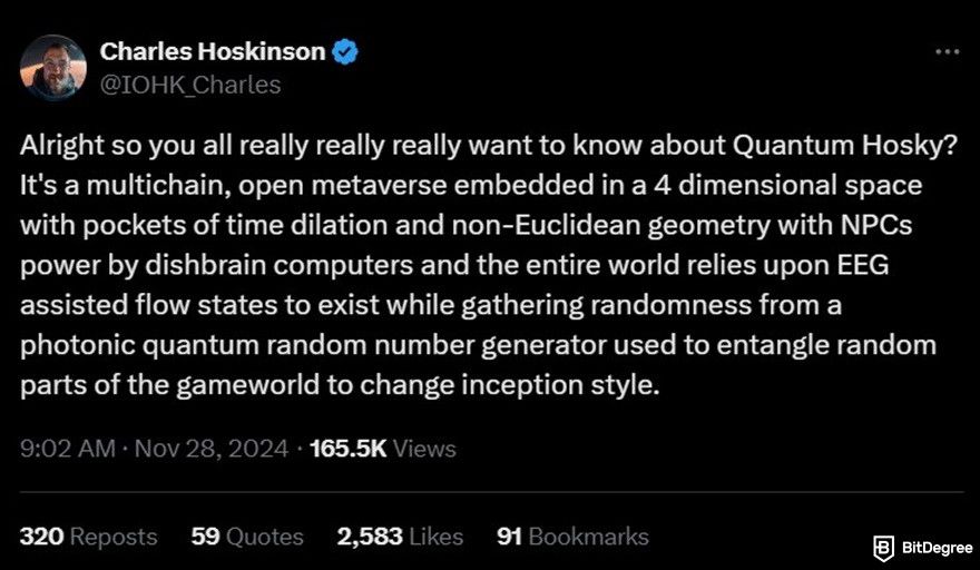 What is Hosky token: a tweet about Quantum Hosky by Charles Hoskinson.