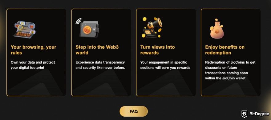 What is Jio crypto: the benefits of JioCoin rewards provided on the JioSpehre website.