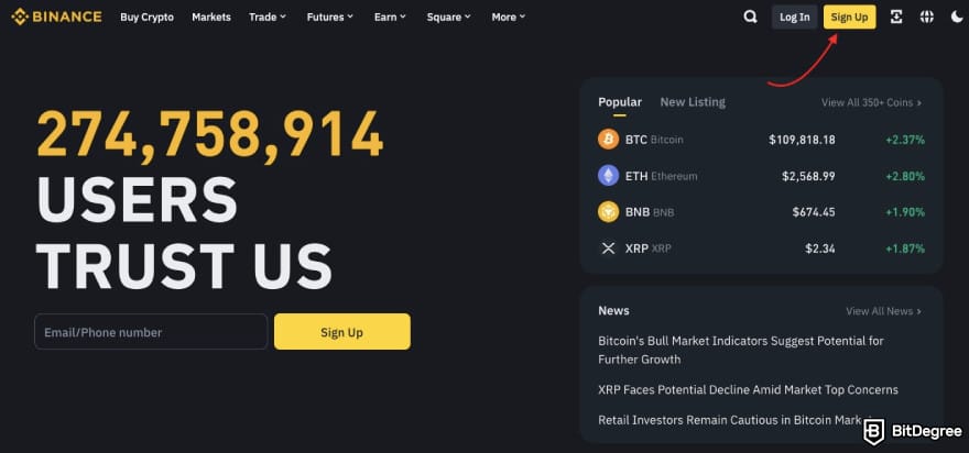 Notcoin Nedir: Binance'in kayıt düğmesine işaret eden kırmızı ok.