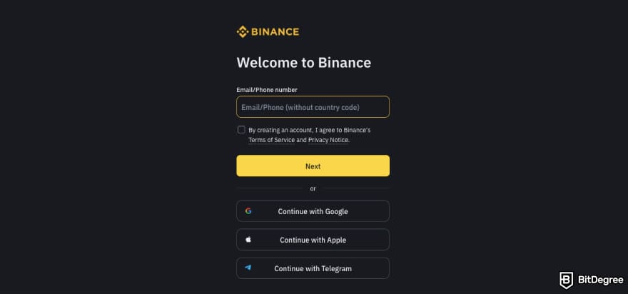 What is Notcoin: Binance's sign up page.