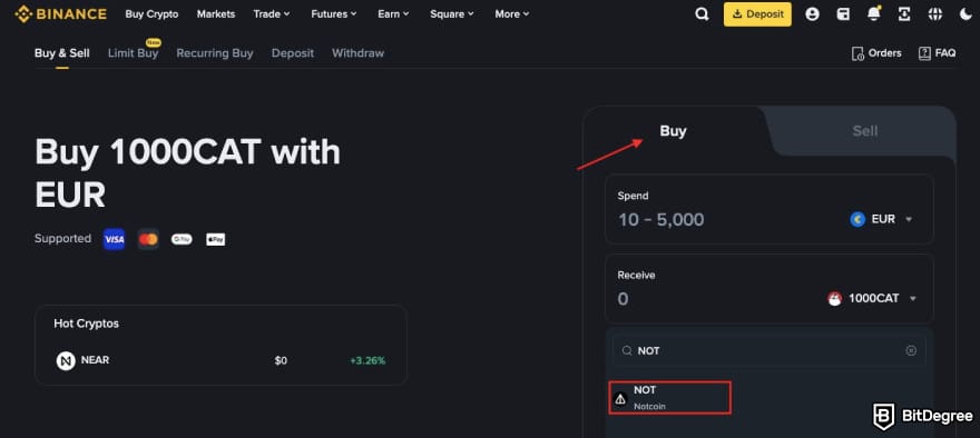 What is Notcoin: Binance's buy crypto page.