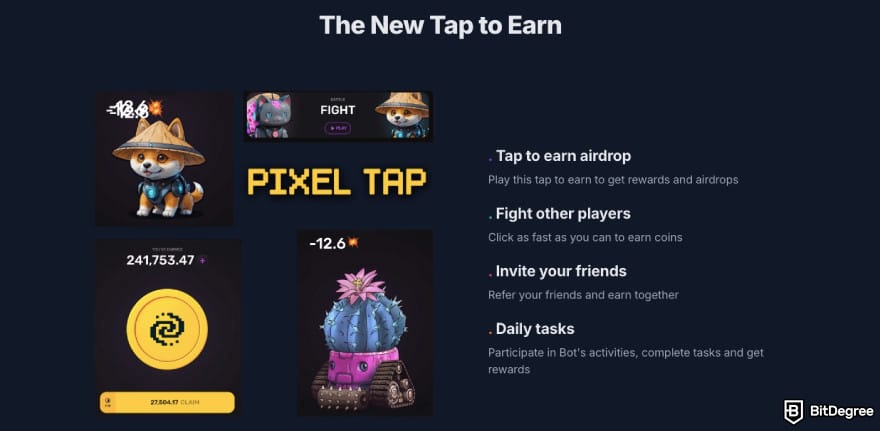 What is Notcoin: Pixel Tap displaying the features of its game.