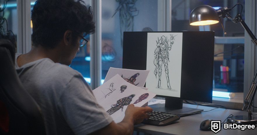 What is Render crypto: a person sitting in front of a desktop PC looking at some concept art pieces.