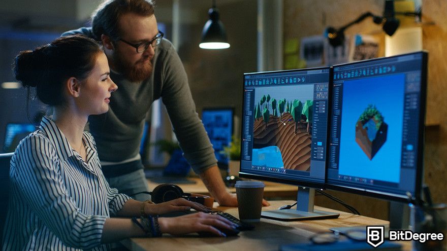 What is Render crypto: two people looking at a 3D rendering on two desktop monitors.