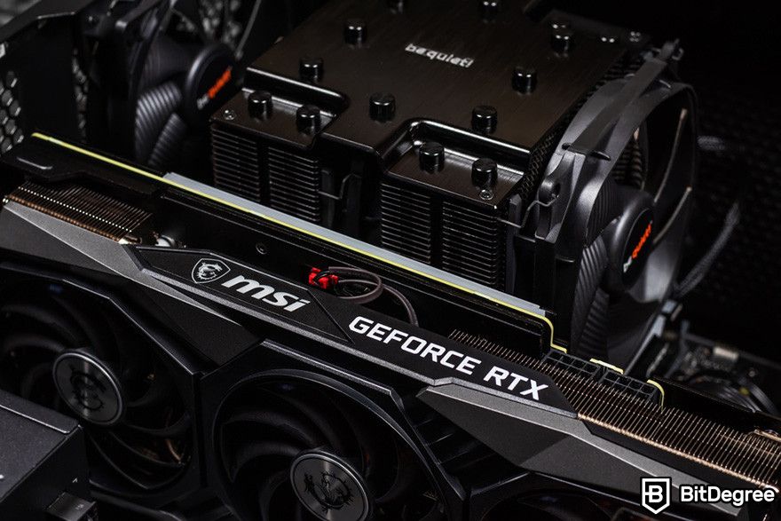 What is Render crypto: an MSI GeForce RTX graphics card with a large cooling system and multiple fans.