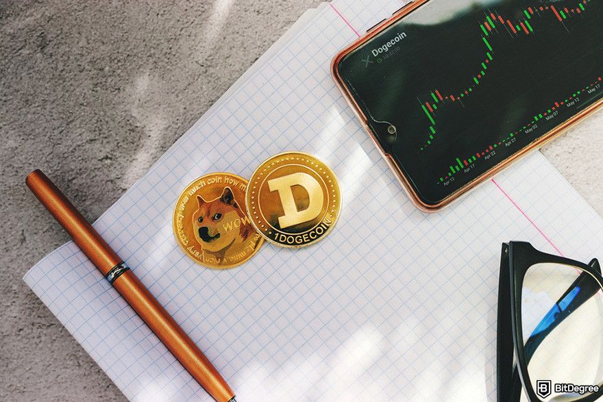 What is SNEK coin: two golden Dogecoin coins, phone with price chart, pen, and notebook.