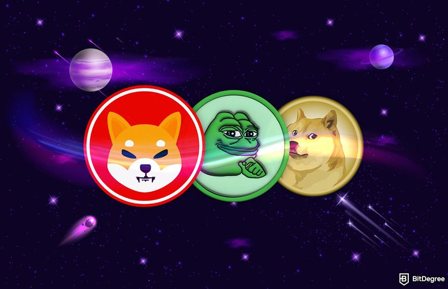 What is SNEK coin: Shiba Inu, Pepe, and Dogecoin coins against a space background.