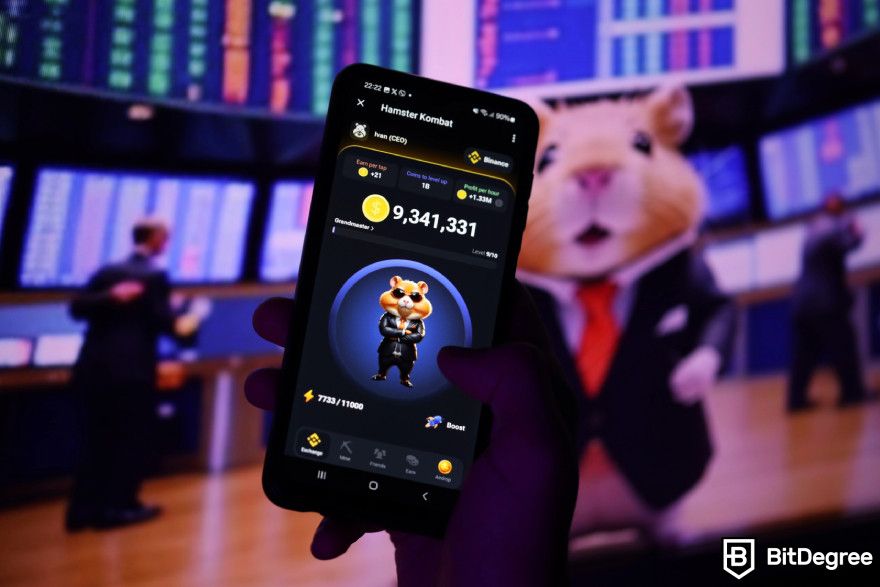 What is a tap-to-earn game: Hamster Kombat on mobile with the hamster CEO in the background.