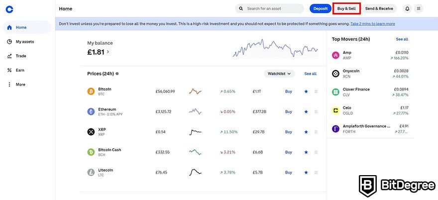 Toncoin là gì: bảng điều khiển của người dùng trên nền tảng web của Coinbase.