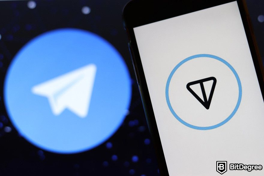 What is Toncoin: a mobile phone displaying the TON logo with the Telegram logo in the background.