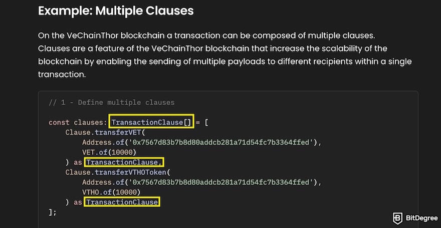 What is VeChain: a code snippet defining several transaction clauses.
