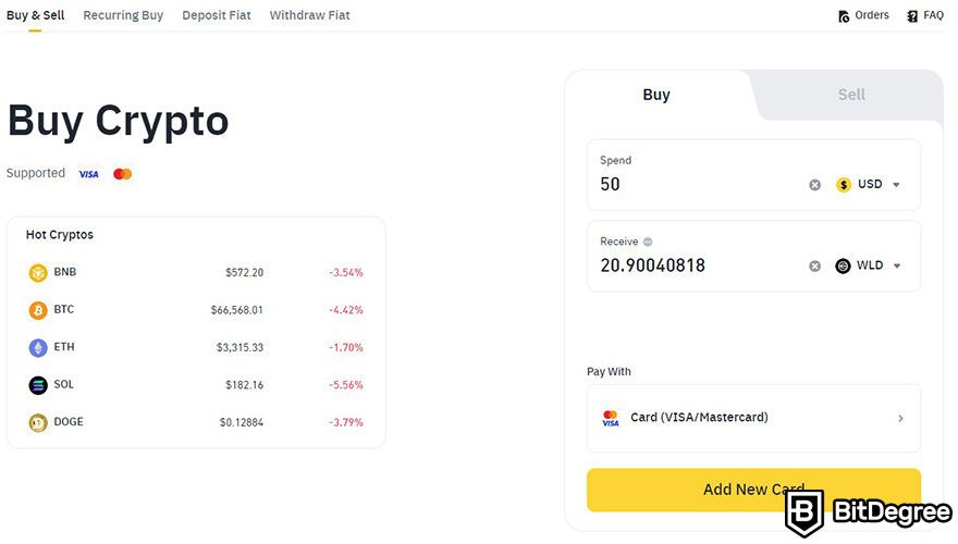 Worldcoin là gì: giao diện mua tiền điện tử trên nền tảng web Binance.