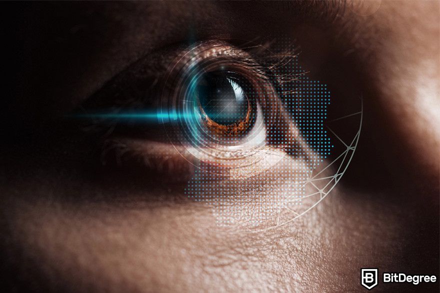 What is Worldcoin: close-up of a human eye with a digital overlay.