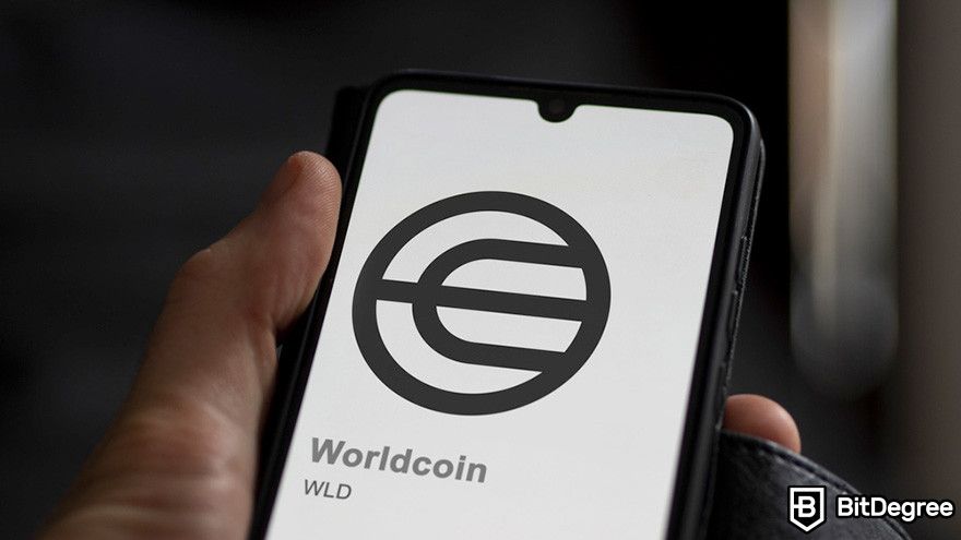 What is Worldcoin: a person holding a mobile phone displaying Worldcoin's logo.