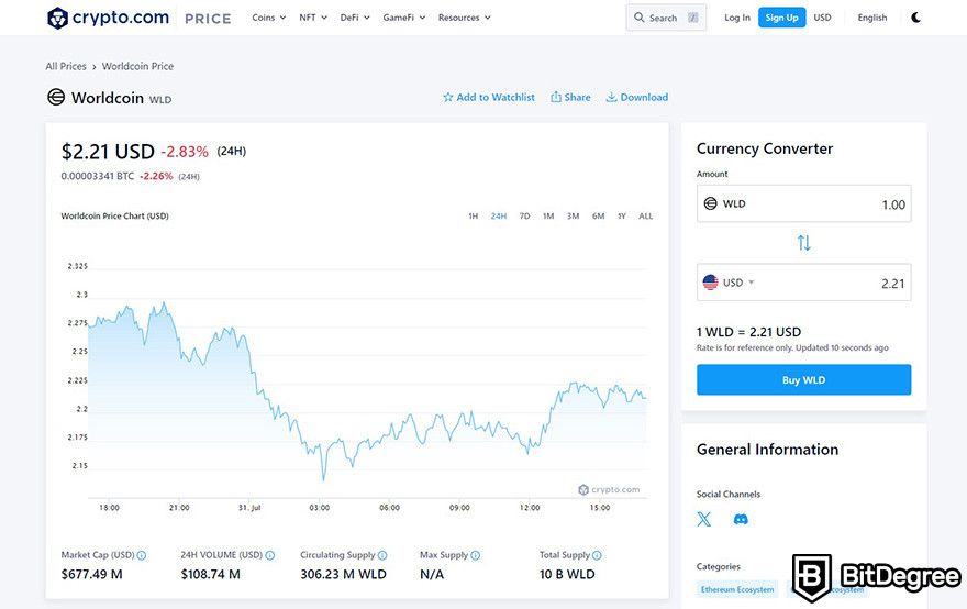 What is Worldcoin: WLD price details on Crypto.com's website.