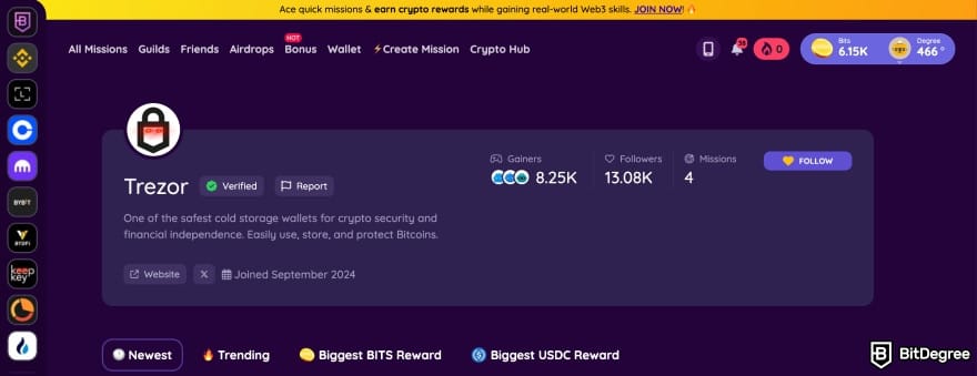 What was Bitcoin's highest price: laser eyes on Trezor's Guild profile picture on BitDegree Missions.