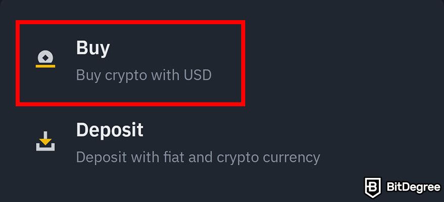Where to buy BOOK OF MEME coin: the Buy crypto menu on Binance mobile app.