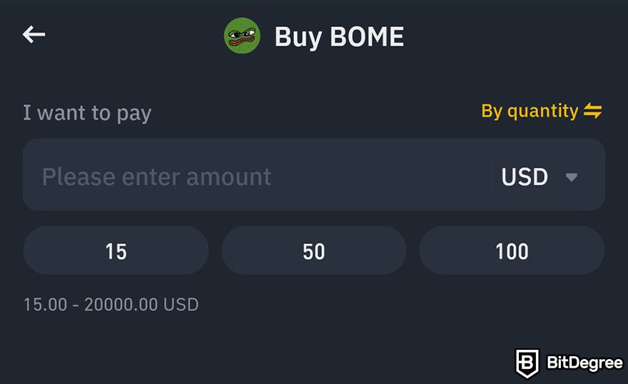 Where to buy BOOK OF MEME coin: the field to enter the amount of BOME to buy on Binance mobile app.