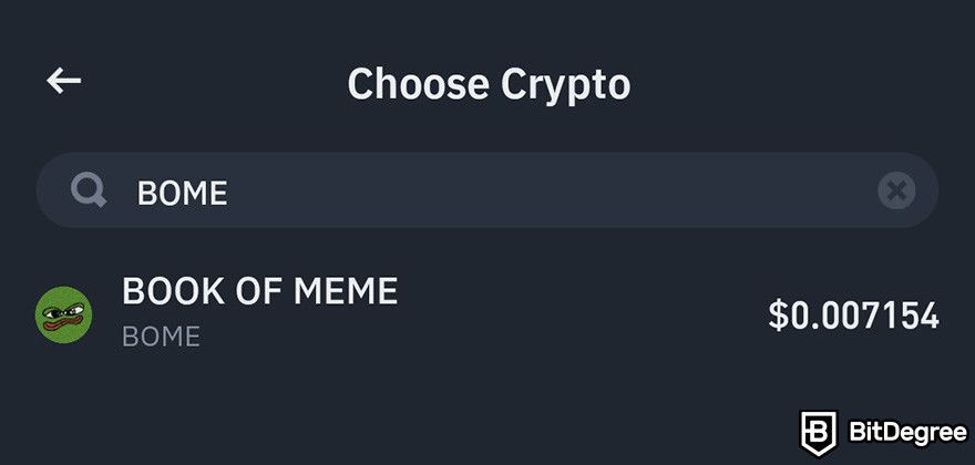 Where to buy BOOK OF MEME coin: the search result of BOME on Binance mobile app.