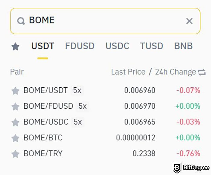 Where to buy BOOK OF MEME coin: the BOME trading pairs on Binance Spot Trading.