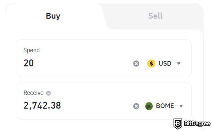 Where to buy BOOK OF MEME coin: the Buy tab on Binance's buy crypto page showing a buy order for BOME.