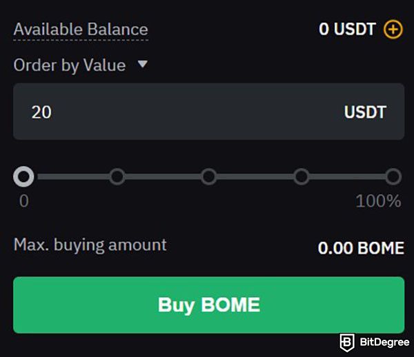 Where to buy BOOK OF MEME coin: the buy order for BOME on Bybit's trading platform.