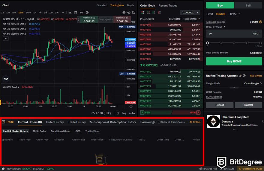 Where to buy BOOK OF MEME coin: Bybit's trading interface with the order tracker section highlighted.