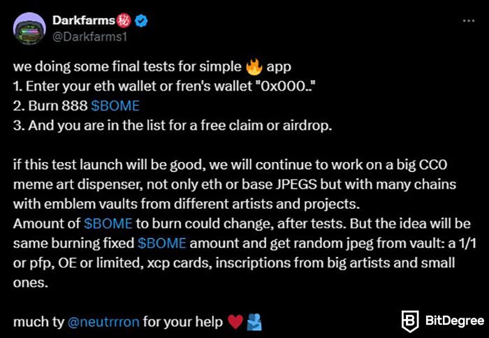 Where to buy BOOK OF MEME coin: Darkfarms' post on X talking about BOME's token-burning application.