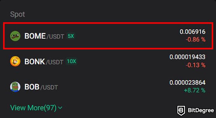 Where to buy BOOK OF MEME coin: a list of spot trading pairs on KuCoin with the BOME/USDT option highlighted.