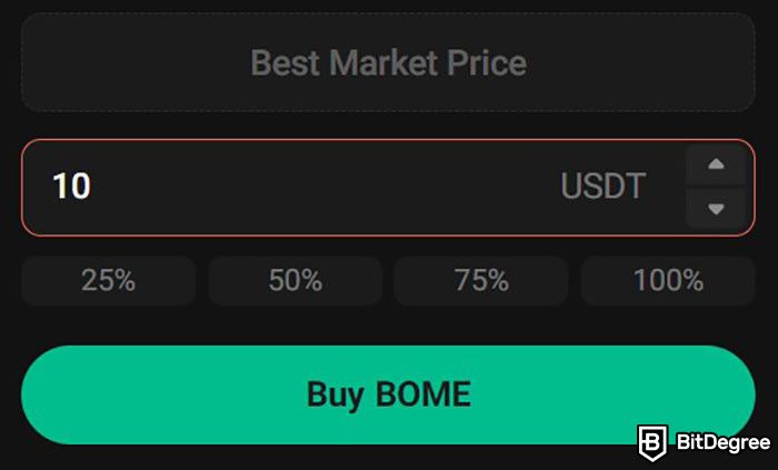 Mua BOOK OF MEME coin ở đâu: nút Mua BOME trên giao diện giao dịch của Kucoin.