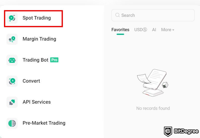 Where to buy BOOK OF MEME coin: the trading menus on KuCoin with the Spot Trading menu highlighted.